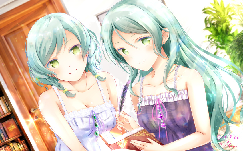 aqua_hair artist_name bang_dream! bangs bare_arms book bookshelf bow breasts cleavage closed_mouth collarbone colored_eyelashes commentary_request dated door eyebrows_visible_through_hair green_eyes hair_bow hand_up highres hikawa_hina hikawa_sayo holding holding_book holding_quill indoors long_hair looking_at_viewer masa_(mirage77) multiple_girls nightgown partial_commentary plant purple_nightgown quill short_hair siblings side_braids sisters smile twins upper_body wallpaper white_nightgown yellow_bow