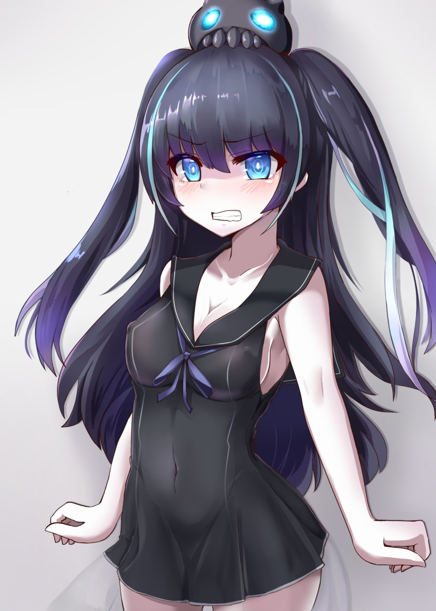 black_hair blue_eyes breasts character_name cleavage collarbone commentary_request covered_nipples dock_hime highres kantai_collection kihou_no_gotoku_dmc long_hair navel object_on_head shinkaisei-kan shirt sideboob sleeveless sleeveless_shirt solo two_side_up