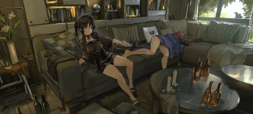 beer_bottle coffee_table controller couch cushion dress highres indoors multiple_girls original remote_control renatus.z sleeping