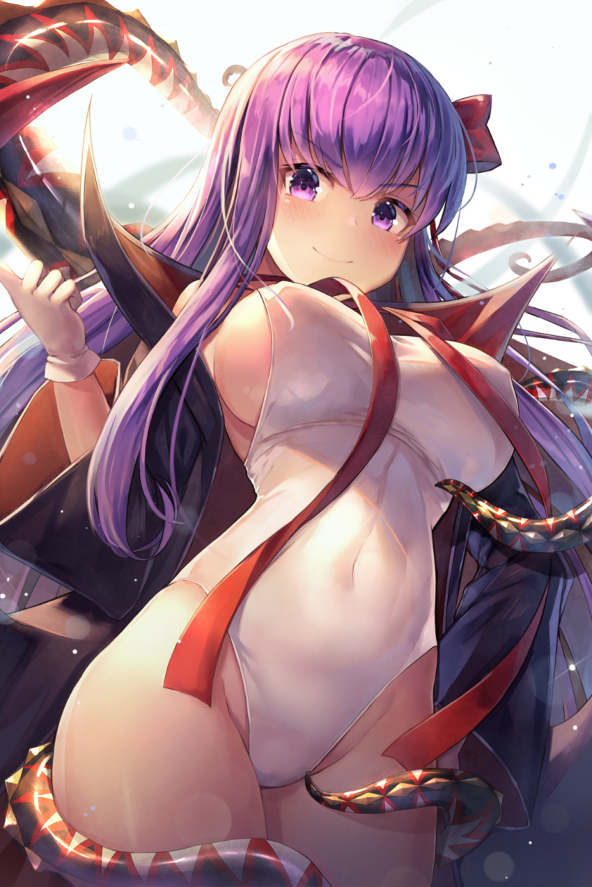 bangs bare_shoulders bb_(fate)_(all) bb_(swimsuit_mooncancer)_(fate) black_coat blush breasts cleavage closed_mouth commentary covered_navel covered_nipples cowboy_shot curvy eyebrows_visible_through_hair fate/grand_order fate_(series) gloves groin hair_ribbon hand_up highres large_breasts leotard long_hair looking_at_viewer motokonut neck_ribbon off_shoulder one-piece_swimsuit popped_collar purple_eyes purple_hair red_ribbon ribbon sideboob sidelocks smile solo star swimsuit taut_clothes taut_swimsuit tentacles thighs vampire_costume very_long_hair white_gloves white_leotard white_swimsuit wide_sleeves