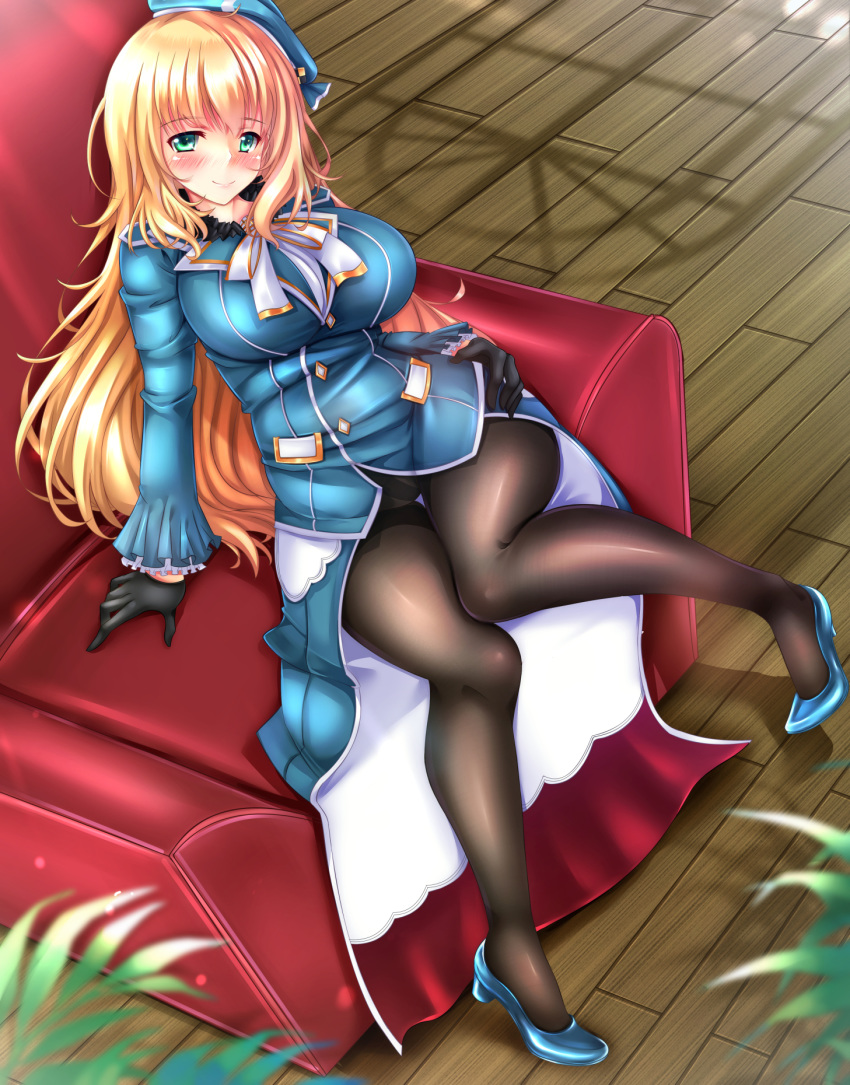aqua_footwear aqua_hat aqua_jacket atago_(kantai_collection) beret black_gloves black_legwear blazer blonde_hair blush breasts commentary_request couch eyebrows_visible_through_hair frilled_sleeves frills from_above full_body fur_collar gloves gold_trim green_eyes hair_between_eyes hand_on_hip hat high_heels highres impossible_jacket indoors jacket kantai_collection knees_together_feet_apart large_breasts layered_sleeves long_hair long_sleeves looking_at_viewer looking_up military military_uniform panties panties_under_pantyhose pantyhose plant shadow siki2046 sitting smile solo thighband_pantyhose underwear uniform very_long_hair wooden_floor