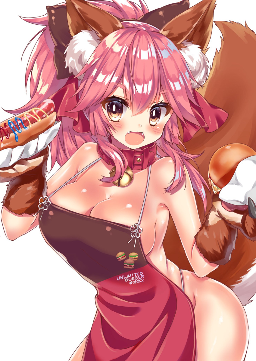 animal_ear_fluff animal_ears apron bangs bare_shoulders bell bell_collar black_bow blush bow breasts cat_paws cleavage collar commentary_request cowboy_shot eyebrows_visible_through_hair fangs fate/extra fate/grand_order fate_(series) food fox_ears fox_tail gloves hair_between_eyes hamburger highres holding holding_food honoka_chiffon hot_dog looking_at_viewer medium_breasts naked_apron open_mouth paw_gloves paws pink_apron pink_hair ponytail red_collar simple_background smile solo tail tail_raised tamamo_(fate)_(all) tamamo_cat_(fate) tied_hair unlimited_burger_works white_background yellow_eyes