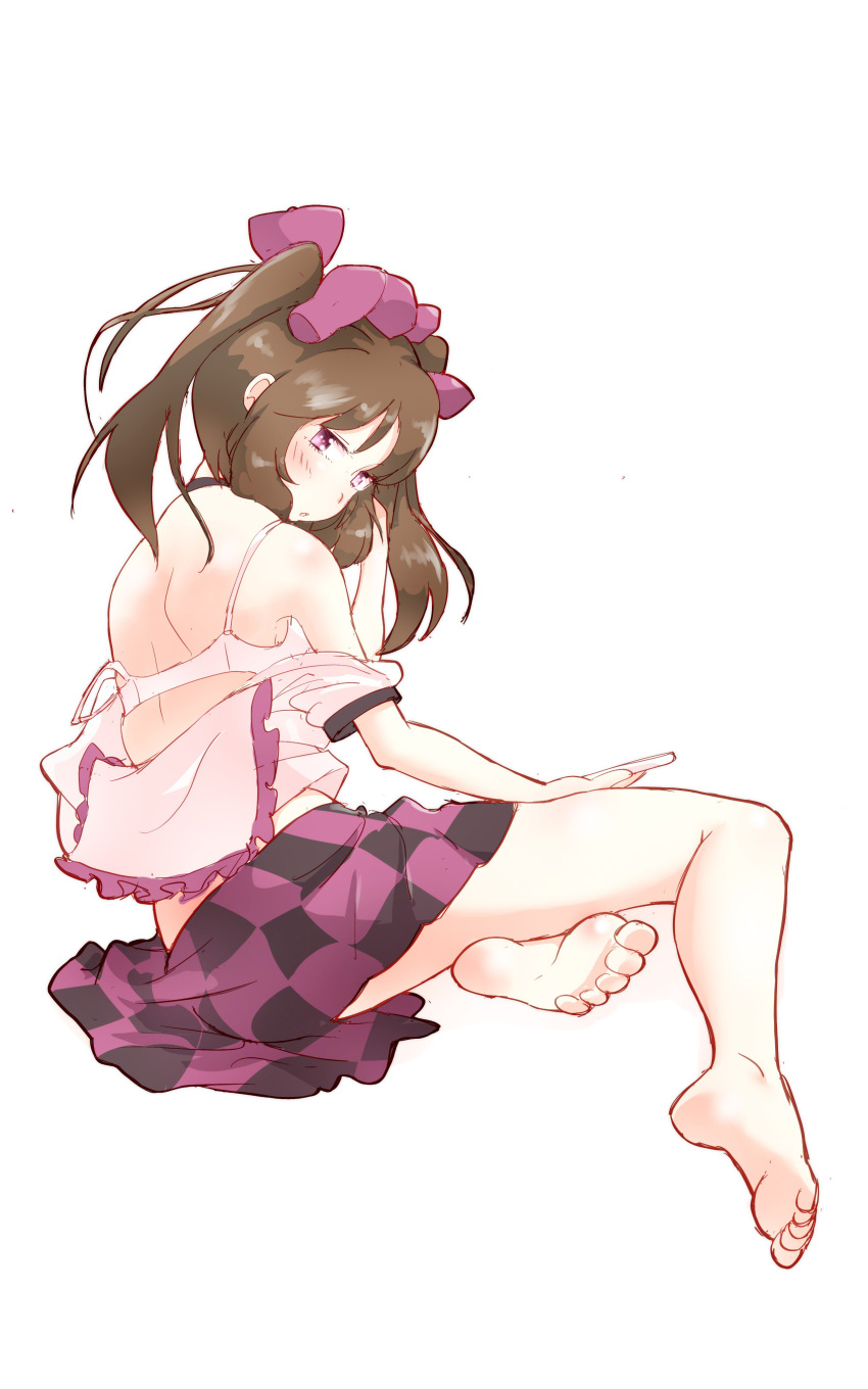 absurdres bangs bare_legs bare_shoulders barefoot black_choker black_skirt blush bow bra brown_hair checkered checkered_skirt choker commentary_request feet frilled_shirt_collar frills from_behind full_body hair_bow hand_in_hair hand_up hat highres himekaidou_hatate long_hair looking_at_viewer looking_back midriff_peek miniskirt non_(z-art) off_shoulder parted_lips purple_bow purple_eyes purple_skirt shirt simple_background sitting skirt solo strap_slip thighs tokin_hat touhou twintails underwear white_background white_bra white_shirt