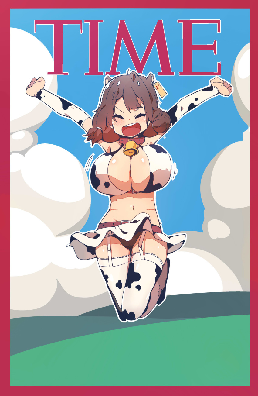 animal_print bell bell_collar belt bikini_top blush border breasts brown_hair bural_chingu cleavage collar cover cow_girl cow_print ear_tag english extra_ears fake_cover full_body garter_straps ham_na-bi highres huge_breasts jumping luke_(dydansgur) magazine_cover navel open_mouth original red_border school_uniform short_twintails skirt smile solo time_(magazine) twintails