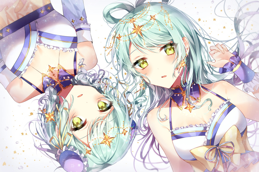 alternate_hairstyle aqua_hair bang_dream! bangs blush bow bun_cover commentary_request detached_collar earrings eyebrows_visible_through_hair eyes_visible_through_hair green_eyes hair_bow hair_rings halterneck hand_up head_chain highres hikawa_hina hikawa_sayo jewelry long_hair looking_at_viewer multiple_girls parted_lips short_hair siblings side_braids sisters star star_earrings taya_5323203 twins water_drop wrist_cuffs yellow_bow