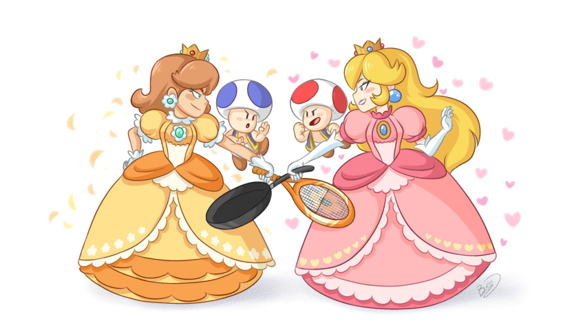 2girls :o blue_eyes blush_stickers brown_footwear brown_hair clenched_hand crown dress earrings elbow_gloves eye_contact flower_earrings frying_pan gem gloves hand_on_hip hand_up heart highres jewelry looking_at_another mario_(series) mario_tennis midair multiple_boys multiple_girls nintendo orange_dress petals pink_dress princess_daisy princess_peach profile puffy_short_sleeves puffy_sleeves racket short_sleeves signature smile standing super_mario_bros. super_smash_bros. super_smash_bros._ultimate tennis_racket toad white_background white_gloves zieghost