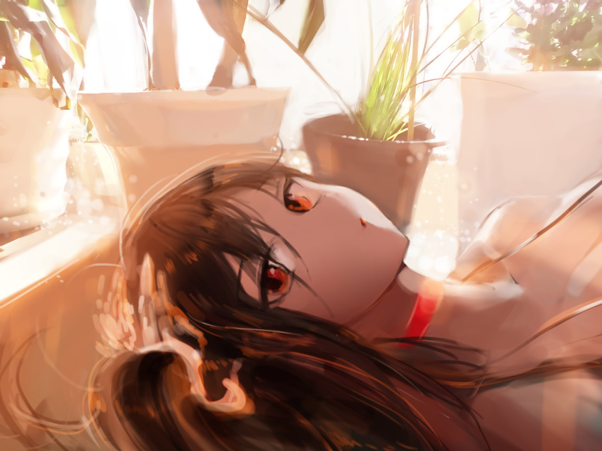 azur_lane bad_id bad_pixiv_id bare_shoulders black_hair breasts canella choker cocktail_dress collar commentary dress eyebrows_visible_through_hair flower_pot hair_between_eyes hair_ornament large_breasts long_hair looking_at_viewer lying on_back plant red_choker red_dress red_eyes solo taihou_(azur_lane)