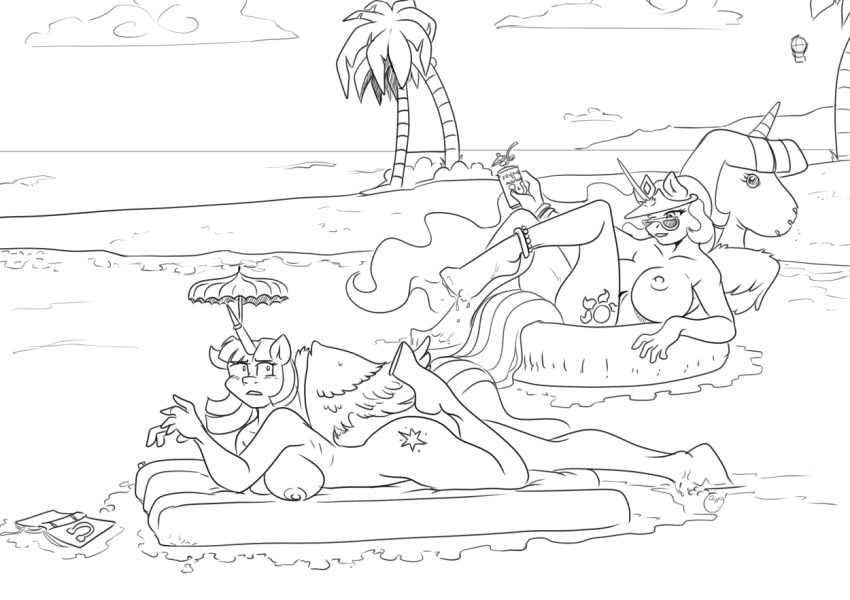 2018 anklet anthro anthrofied beach black_and_white book breasts cutie_mark duo equine eyewear female floating friendship_is_magic horn inflatable jewelry looking_back lying mammal monochrome my_little_pony nipples nude on_front open_mouth outside palm_tree partially_submerged princess_celestia_(mlp) seaside smile sunglasses surprise tree twilight_sparkle_(mlp) umbrella winged_unicorn wings yawg
