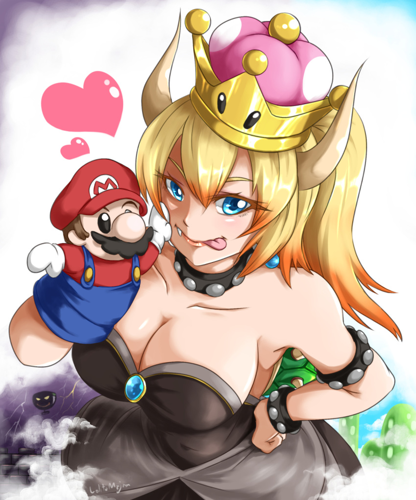 :p armlet artist_name bare_shoulders blonde_hair blue_eyes bowsette bracelet breasts character_doll collar collarbone commentary_request crown dress earrings fang gem gradient_hair hand_on_hip heart highres horns jewelry koopa_clown_car large_breasts lips lolita_majin long_hair mario mario_(series) multicolored_hair new_super_mario_bros._u_deluxe orange_hair smile solo spiked_bracelet spiked_collar spikes strapless strapless_dress super_crown super_mario_bros. tongue tongue_out turtle_shell