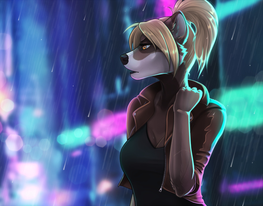 2018 amber_eyes anthro black_nose blonde_hair breasts clothed clothing digital_media_(artwork) female hair mammal night outside procyonid raccoon solo standing wyla
