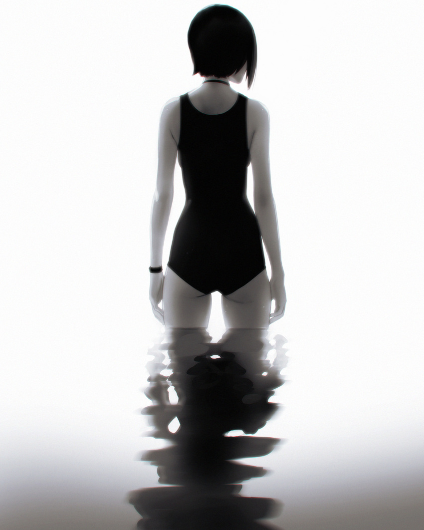 arms_at_sides ass choker commentary facing_away from_behind greyscale highres ilya_kuvshinov monochrome one-piece_swimsuit original reflection short_hair solo standing swimsuit wading water white_background wristband
