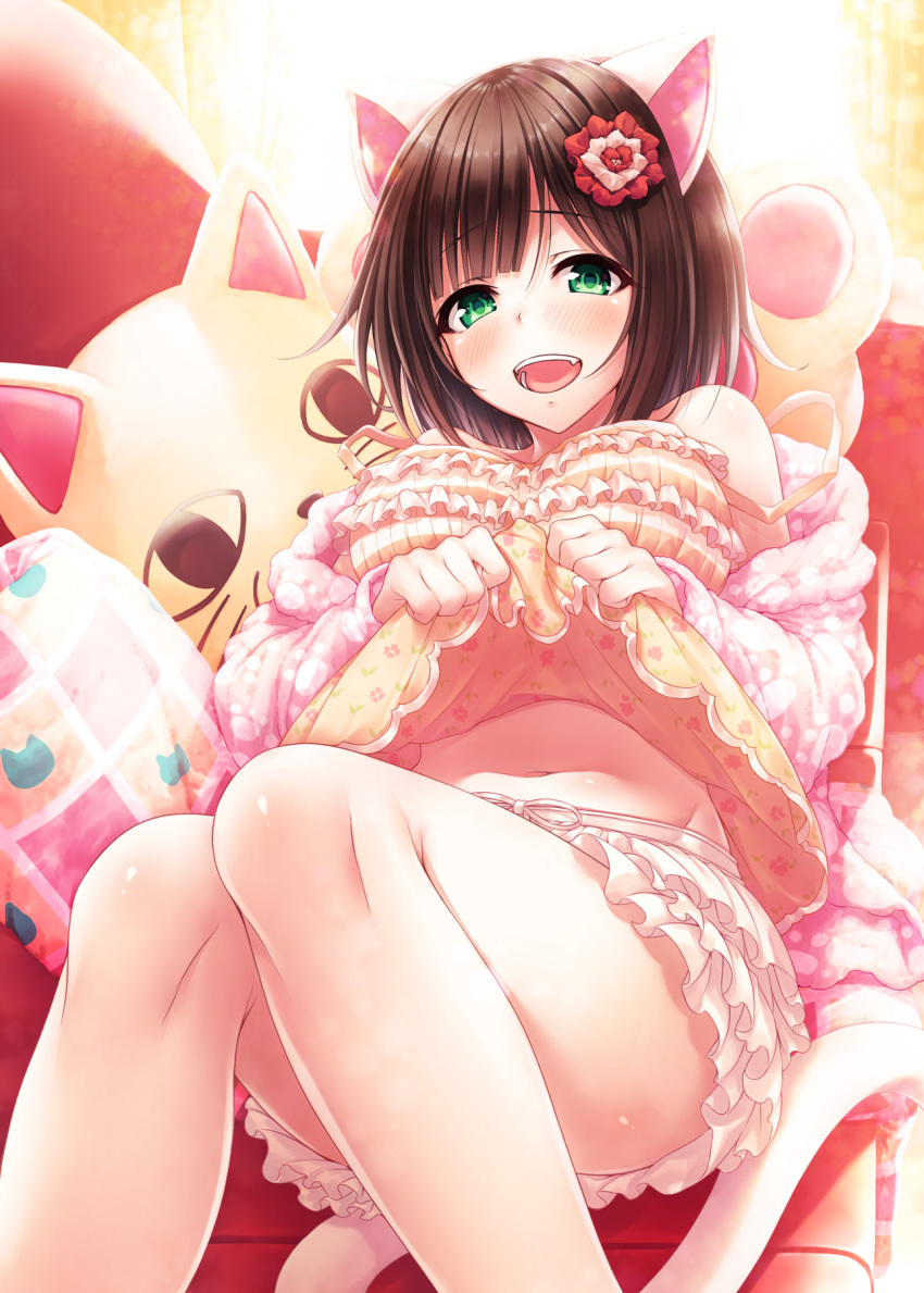 animal_ears bangs bare_shoulders blush breasts brown_hair cardigan cat_ears cat_tail commentary_request fang floral_print frilled_shirt frilled_skirt frills green_eyes hair_ornament hasumi_(hasubatake39) head_tilt highres idolmaster idolmaster_cinderella_girls large_breasts looking_at_viewer maekawa_miku miniskirt navel off_shoulder open_cardigan open_clothes open_mouth pillow pink_sweater shirt shirt_lift short_hair sitting skirt smile solo sweater tail thighs white_skirt yellow_camisole