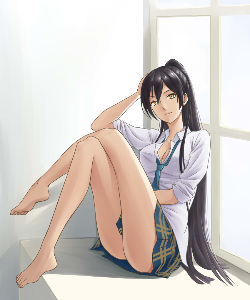 1girl barefoot black_hair breasts cleavage feet hand_on_own_head highres idolmaster idolmaster_shiny_colors legs_crossed long_hair looking_at_viewer necktie open_clothes open_shirt ponytail school_uniform shirase_sakuya toes yellow_eyes