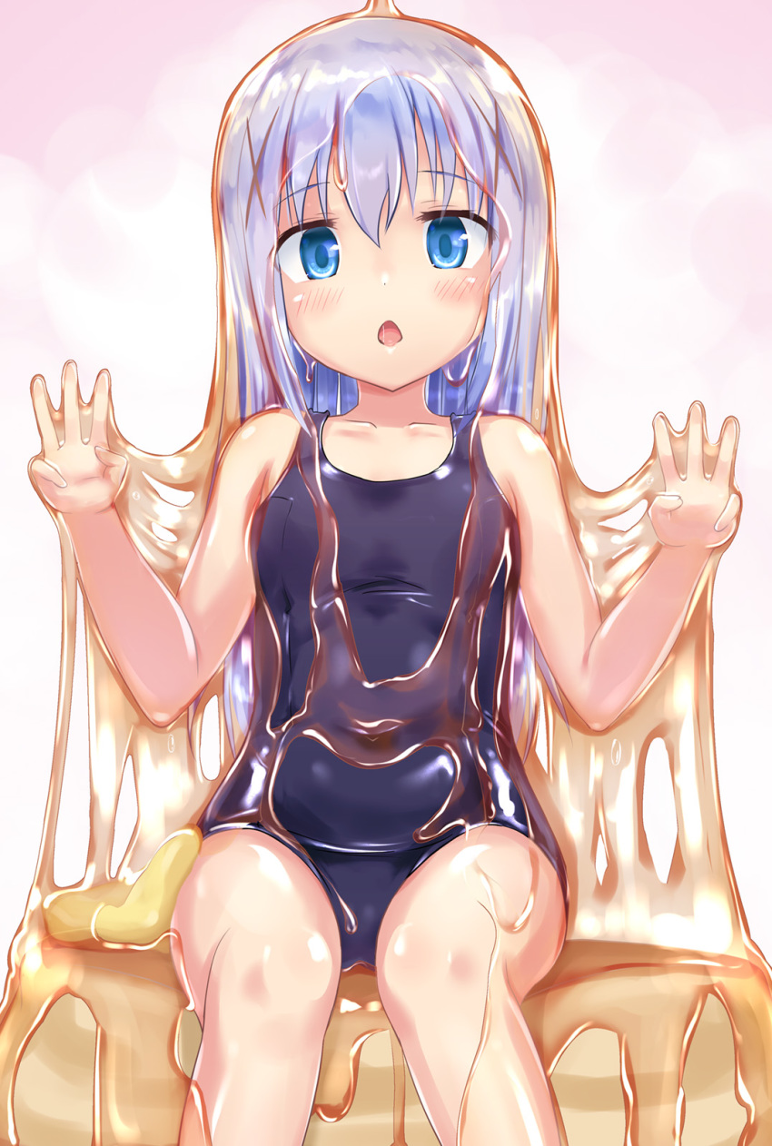 arms_up bangs bare_arms bare_shoulders blue_eyes blue_hair blue_swimsuit blush breasts butter chestnut_mouth collarbone commentary_request covered_navel double_w eyebrows_visible_through_hair food food_on_body food_on_face food_on_head gochuumon_wa_usagi_desu_ka? hair_between_eyes hair_ornament hairclip hands_up highres honey in_food kafuu_chino long_hair looking_at_viewer minigirl naka navel object_on_head one-piece_swimsuit open_mouth pancake saliva school_swimsuit shiny shiny_clothes simple_background sitting sitting_on_food small_breasts solo swimsuit thighs w wet white_background x_hair_ornament