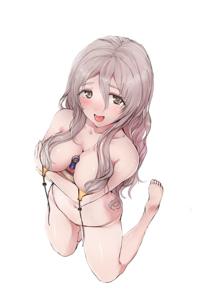 :d absurdres bare_shoulders barefoot between_breasts bikini blush breast_hold breasts brown_eyes brown_hair crossed_arms eyeshadow from_above full_body hair_between_eyes hair_censor hair_over_breasts highres kantai_collection kneeling long_hair makeup medium_breasts navel non-web_source open_mouth pola_(kantai_collection) sidelocks simple_background smile solo string_bikini swimsuit untied untied_bikini white_background yellow_bikini yukiguni_yuu