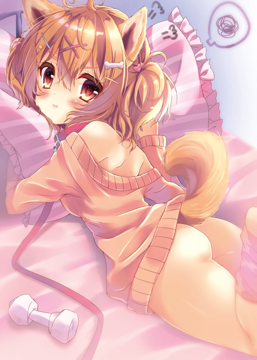 :t =3 ahoge animal_ears ankle_socks ass bangs bare_shoulders bed_sheet blonde_hair blush bone bone_hair_ornament breasts collar commentary_request dog_collar dog_ears dog_girl dog_tail dress hair_between_eyes hair_ornament hairclip heart heart_hair_ornament highres honoka_chiffon indoors leash lips looking_at_viewer looking_back lying medium_breasts medium_hair naked_sweater no_panties off_shoulder on_bed on_stomach original pillow pillow_hug pink_legwear pout red_collar shiny shiny_hair shoulder_blades solo spoken_squiggle squiggle star star_hair_ornament sweater sweater_dress tail tail_lift two_side_up v-shaped_eyebrows x_hair_ornament yellow_eyes