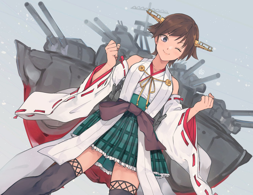 bare_shoulders boots brown_hair clenched_hand commentary_request cowboy_shot detached_sleeves dutch_angle flipped_hair green_skirt hairband headgear hiei_(kantai_collection) kantai_collection machinery nakagomiyuki415 nontraditional_miko one_eye_closed plaid plaid_skirt remodel_(kantai_collection) ribbon-trimmed_sleeves ribbon_trim short_hair skirt solo thigh_boots thighhighs