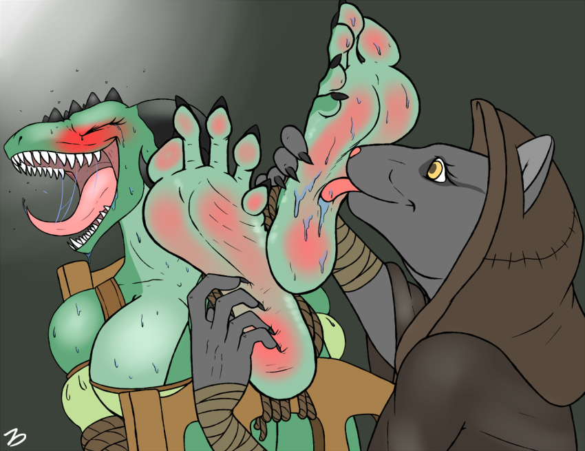 2015 5_fingers 5_toes anthro argonian big_breasts big_feet black_claws blush breasts chair claws cloak clothing eyes_closed feet feline female female/female fingers foot_fetish foot_focus foot_lick foot_worship green_eyes horn humanoid_feet humanoid_hands khajiit laugh licking mammal saliva scalie sharp_teeth signature simple_background skyrim soles story teeth the_elder_scrolls tickling toes tongue tongue_out tunic video_games wrinkles wristband zp92