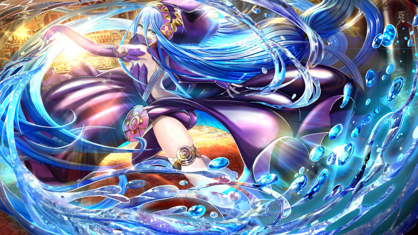 aqua_(fire_emblem_if) ass bare_back barefoot black_dress black_gloves blue_hair commentary_request dress elbow_gloves fingerless_gloves fire_emblem fire_emblem_if from_behind gloves highres long_hair looking_back open_mouth solo tongari veil water yellow_eyes
