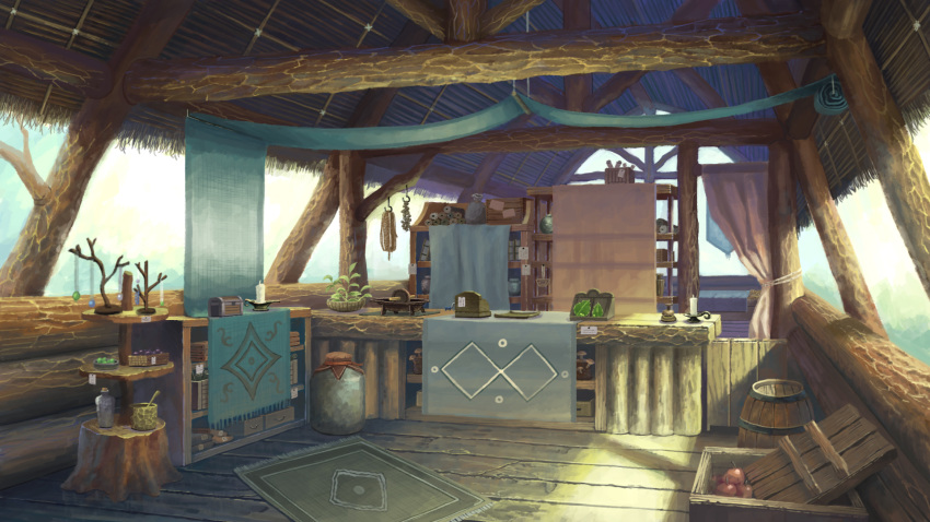 barrel box candle cash_register counter crate fantasy food fruit highres jar jewelry jewelry_removed leaf naohiro necklace no_humans original pendant plant rug sack scenery scroll shelf shop tapestry thatched_roof wooden_floor