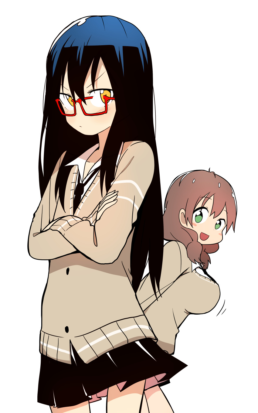 absurdres black_hair black_skirt breasts brown_hair bural_chingu can't_be_this_cute cardigan crossed_arms glasses green_hair ham_na-bi highres ju_hyeon-mi large_breasts looking_at_viewer low_twintails luke_(dydansgur) multiple_girls necktie open_mouth ore_no_imouto_ga_konna_ni_kawaii_wake_ga_nai parody pleated_skirt red-framed_eyewear school_uniform skirt smile twintails vest yellow_eyes