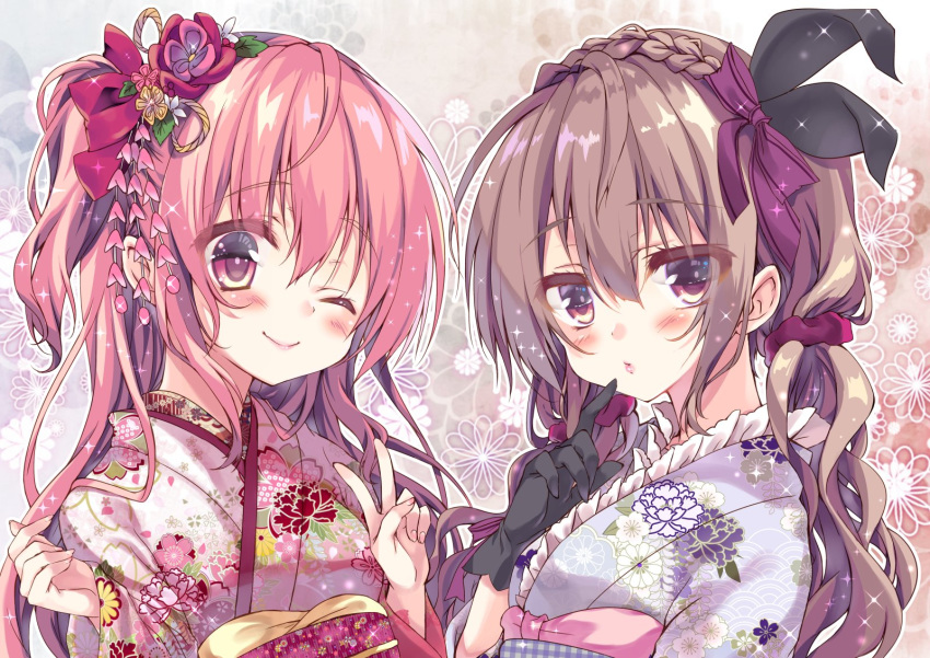 ;) arms_up black_gloves blush bow braid commentary_request curly_hair eyebrows_visible_through_hair finger_to_mouth floral_print flower french_braid frilled_kimono frills gloves hair_bow hair_flower hair_ornament hair_scrunchie highres honoka_chiffon japanese_clothes kimono light_brown_hair lipstick long_sleeves looking_at_viewer makeup moka_(honoka_chiffon) multiple_girls one_eye_closed one_side_up original pink_hair portrait purple_eyes purple_kimono purple_scrunchie red_eyes red_kimono rose_(honoka_chiffon) sash scrunchie sidelocks smile tied_hair v