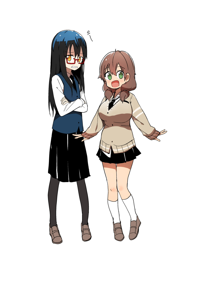 absurdres black_hair black_legwear black_skirt breasts brown_hair bural_chingu cardigan crossed_arms full_body glasses green_hair ham_na-bi highres huge_breasts ju_hyeon-mi looking_at_viewer low_twintails luke_(dydansgur) multiple_girls necktie open_mouth pantyhose pleated_skirt red-framed_eyewear school_uniform skirt smile twintails vest yellow_eyes