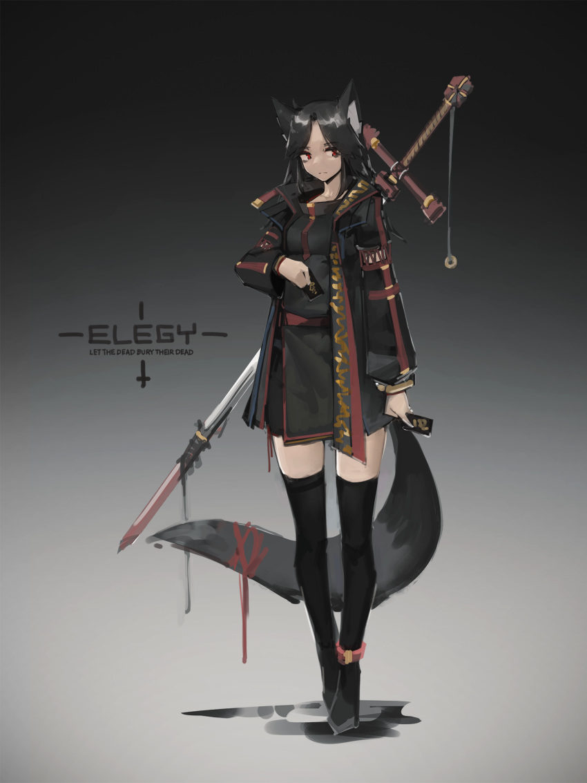 animal_ears black_hair card closed_mouth deel_(rkeg) eyebrows_visible_through_hair fox_ears fox_tail gradient gradient_background highres jacket long_hair looking_to_the_side open_clothes open_jacket original red_eyes ribbon solo standing sword tail tail_ribbon thighhighs weapon