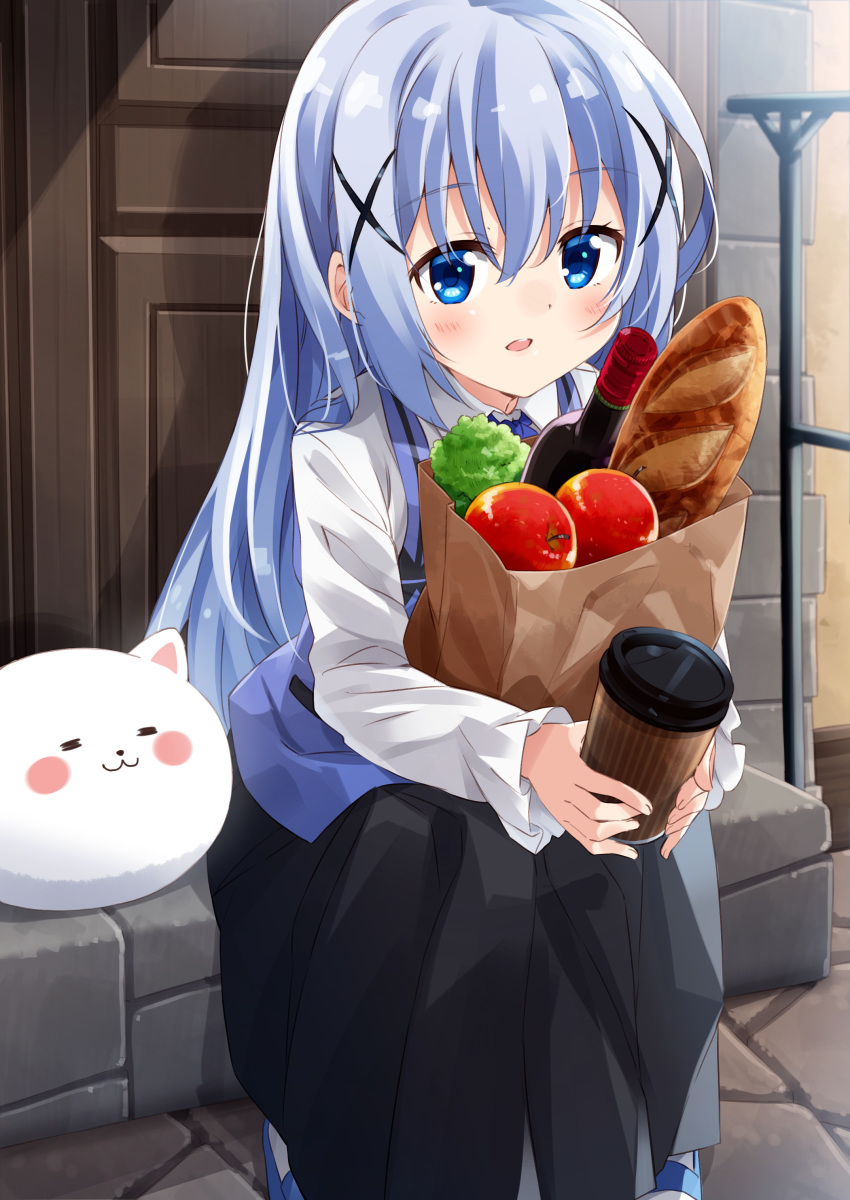 :3 =_= absurdres angora_rabbit animal bag baguette bangs black_skirt blue_eyes blue_footwear blue_hair blue_vest blush bottle bread bunny closed_eyes closed_mouth coffee_cup commentary cup day disposable_cup double_bun eyebrows_visible_through_hair food gochuumon_wa_usagi_desu_ka? grocery_bag hair_between_eyes highres holding kafuu_chino long_hair long_sleeves looking_at_viewer mousou_(mousou_temporary) outdoors paper_bag parted_lips rabbit_house_uniform shirt shoes shopping_bag sitting skirt tippy_(gochiusa) tomato uniform very_long_hair vest waitress white_shirt