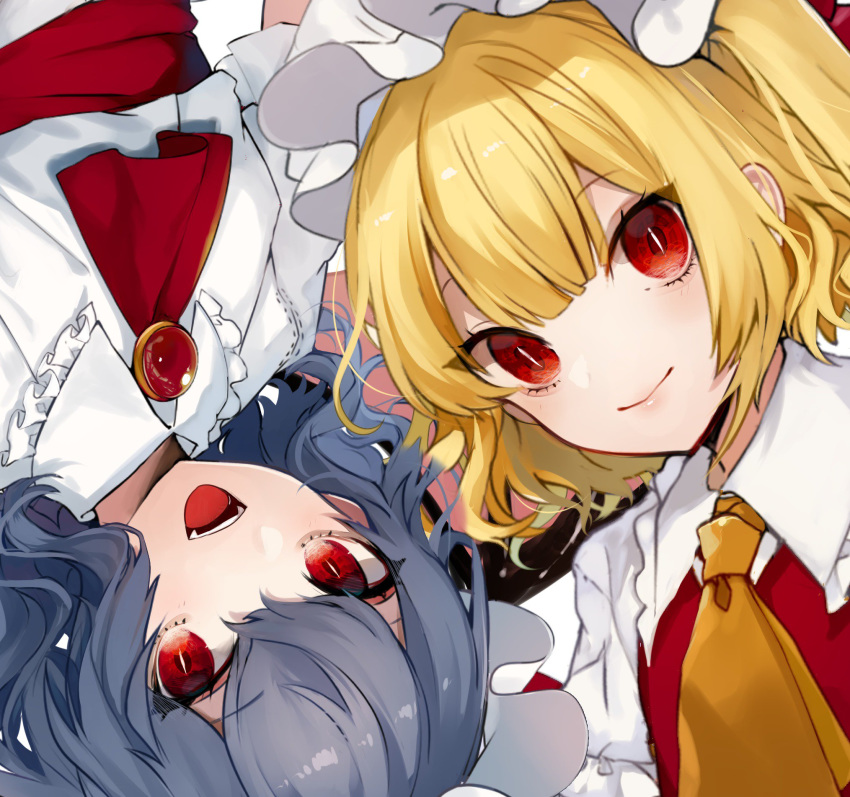 :d ascot bangs bat_wings blonde_hair blue_hair blush brooch commentary_request daimaou_ruaeru dress eyebrows_visible_through_hair eyes_visible_through_hair fangs flandre_scarlet frilled_shirt_collar frills hair_between_eyes hat hat_ribbon highres jewelry lips looking_at_viewer mob_cap multiple_girls open_mouth puffy_short_sleeves puffy_sleeves red_eyes red_neckwear red_ribbon red_sash red_vest remilia_scarlet ribbon sash short_sleeves siblings simple_background sisters slit_pupils smile touhou upper_body upside-down vest white_background white_dress white_hat wings yellow_neckwear
