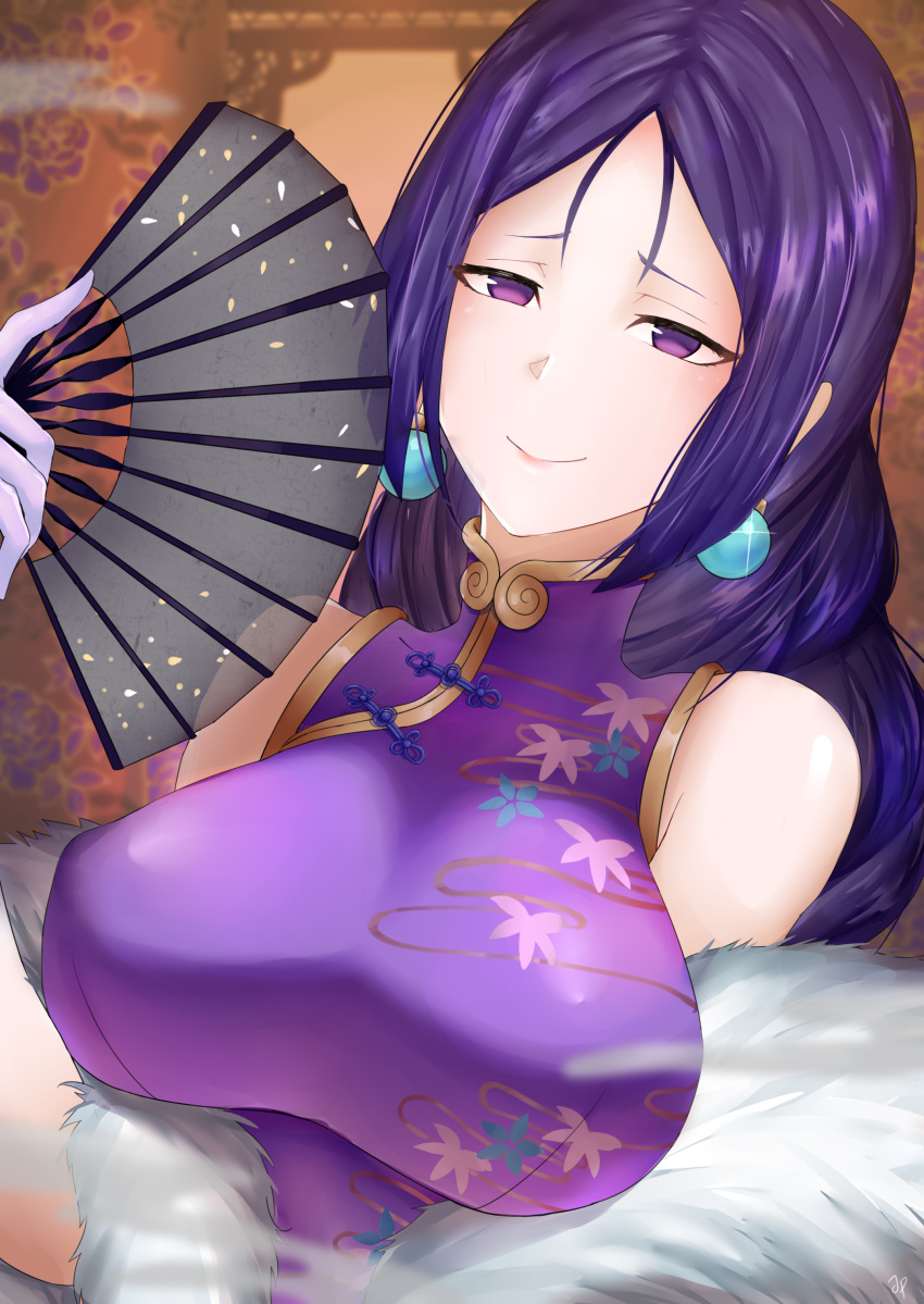 absurdres bangs breasts china_dress chinese_clothes commentary_request curvy dress fan fate/grand_order fate_(series) feather_boa gloves highres holding holding_fan jrpulse large_breasts long_hair looking_at_viewer minamoto_no_raikou_(fate/grand_order) paper_fan parted_bangs purple_eyes purple_hair sleeveless smile solo very_long_hair