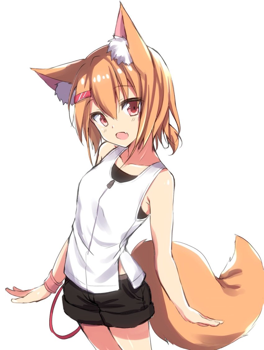 :d animal_ear_fluff animal_ears bangs bare_shoulders black_shorts borrowed_character commentary_request cowboy_shot fang fox_ears fox_girl fox_tail hair_ornament hairclip highres honoka_chiffon looking_at_viewer open_mouth orange_hair original red_eyes shirt short_hair short_shorts shorts simple_background sleeveless smile solo tail white_background white_shirt wristband