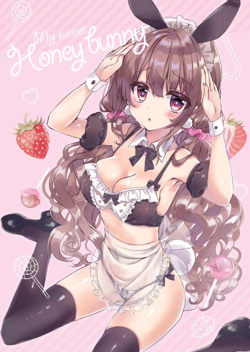 animal_ears armband armpits arms_up bangs bare_shoulders black_legwear black_panties black_ribbon blush bow bow_panties bra breasts brown_hair bunny_ears bunny_pose candy chestnut_mouth commentary_request covered_navel curly_hair detached_collar eyebrows_visible_through_hair food frilled_bra frills fruit highres honoka_chiffon lollipop looking_at_viewer maid maid_headdress medium_breasts moka_(honoka_chiffon) neck_ribbon original panties red_eyes ribbon ribbon_bra ringlets see-through side-tie_panties sitting solo strawberry thighhighs tied_hair underwear wariza wing_collar wrist_cuffs