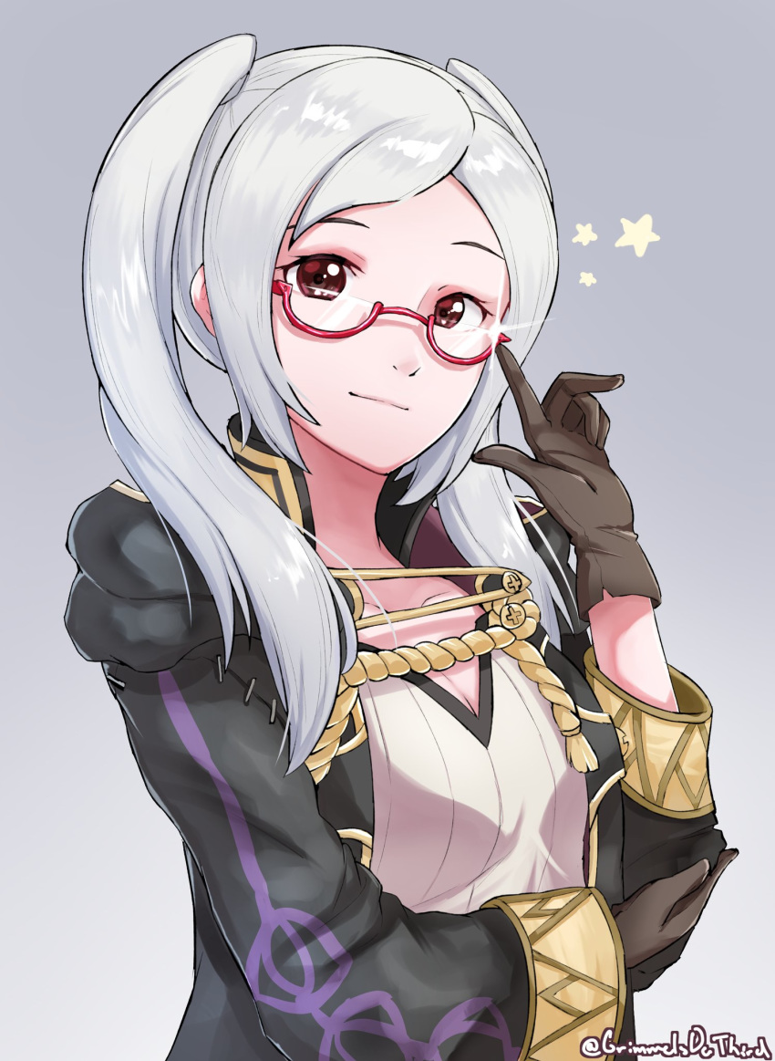 breasts brown_eyes brown_gloves cleavage closed_mouth commentary female_my_unit_(fire_emblem:_kakusei) fire_emblem fire_emblem:_kakusei fire_emblem_heroes glasses gloves grimmelsdathird highres long_sleeves my_unit_(fire_emblem:_kakusei) open_clothes open_robe robe simple_background small_breasts solo twintails twitter_username white_hair