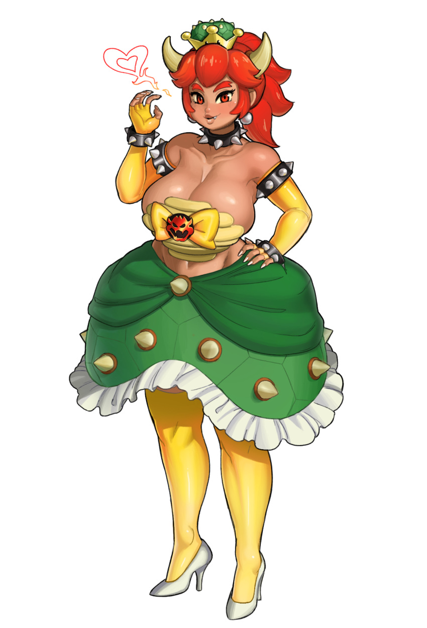 bare_shoulders borrowed_design bowsette bracelet breasts choker cleavage commentary_request crown elbow_gloves forked_eyebrows full_body gloves hard-degenerate high_heels highres horns jewelry large_breasts mario_(series) new_super_mario_bros._u_deluxe simple_background skirt smile solo spiked_armlet spiked_bracelet spiked_choker spikes standing super_crown thick_eyebrows thighhighs