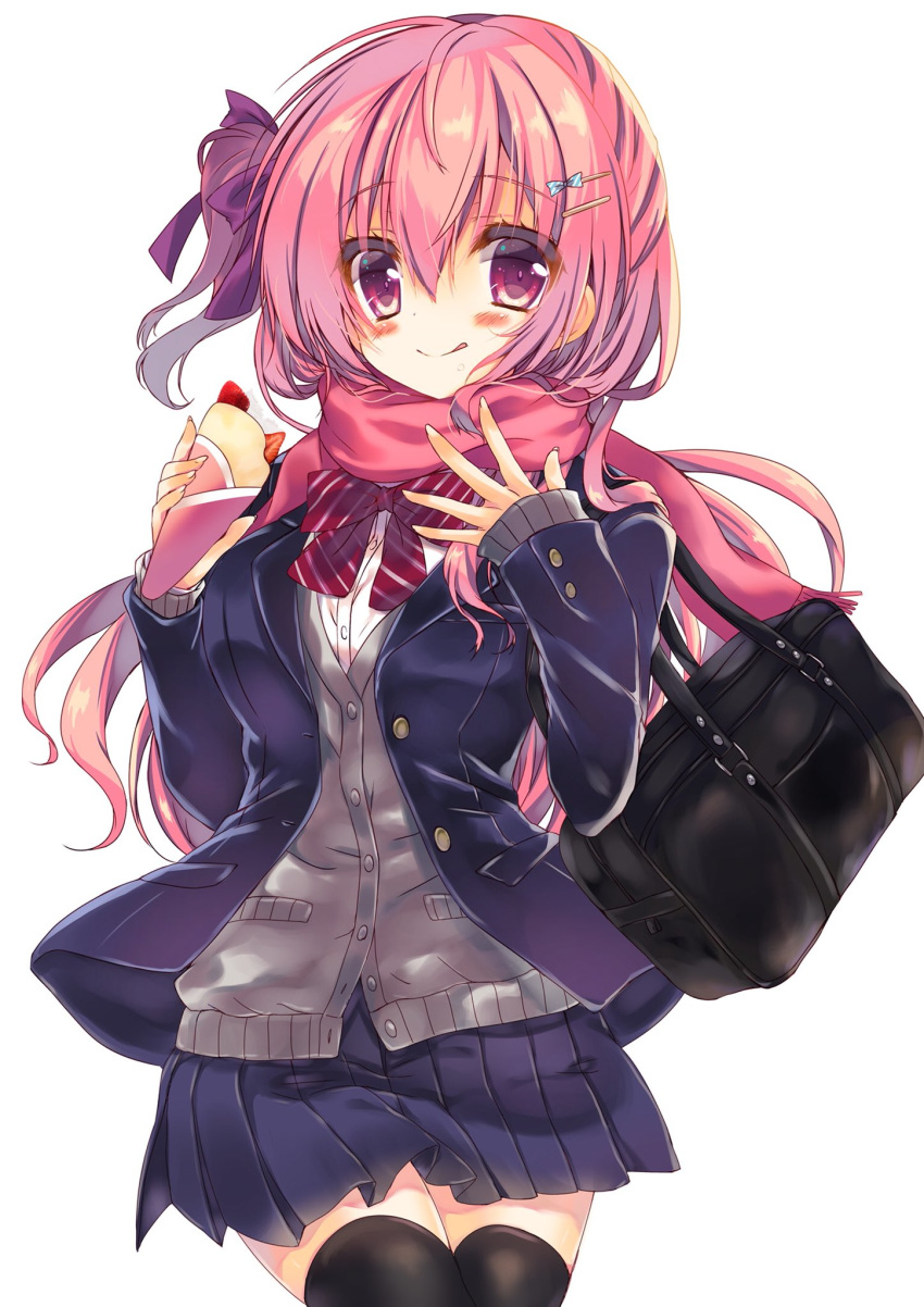 bag bangs black_bag black_legwear blush bow bowtie breasts brown_cardigan cardigan closed_mouth commentary_request cowboy_shot crepe fingernails food hair_between_eyes hair_bow hair_ornament hairclip hands_up highres holding holding_food honoka_chiffon jacket long_hair long_sleeves looking_at_viewer one_eye_closed one_side_up original pink_hair pleated_skirt purple_bow purple_jacket purple_skirt red_bow red_eyes red_neckwear rose_(honoka_chiffon) school_uniform shirt shoulder_bag skirt sleeves_past_wrists smile solo standing striped striped_bow thighhighs tongue tongue_out very_long_hair wavy_hair white_shirt zettai_ryouiki