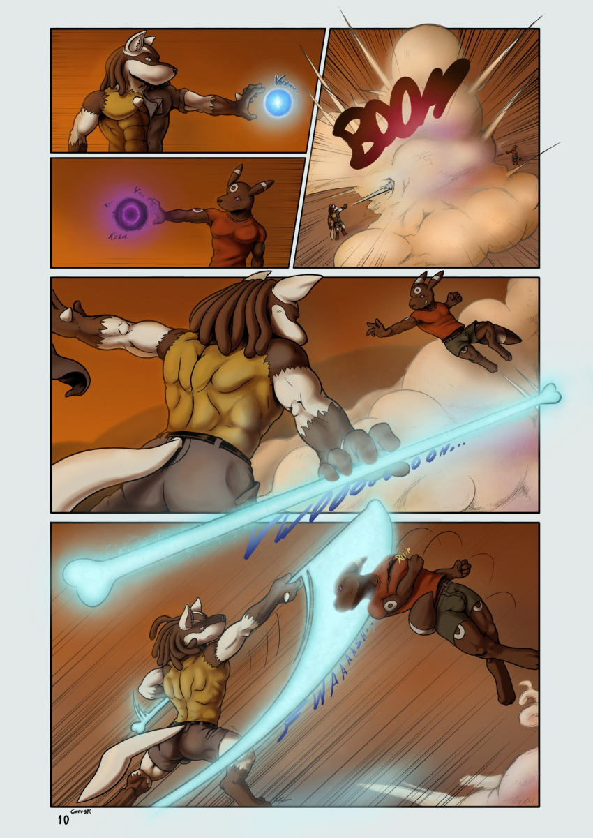 2018 3_toes abs alternate_color anthro anthrofied black_fur bulge canine clothed clothing comic corrsk digital_media_(artwork) dreadlocks eeveelution english_text fight fur hi_res lucario male mammal muscular muscular_male nintendo outside pecs pok&eacute;mon pok&eacute;mon_(species) pok&eacute;morph police shaesullivan_(artist) speech_bubble text toes topless umbreon video_games