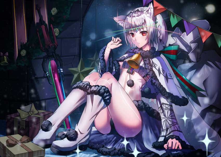 absurdres altera_(fate) animal_ears bangs bell bell_collar boots breasts collar commentary_request fate/grand_order fate_(series) full_body_tattoo fur-trimmed_cloak gift gift_bag headdress highres indoors knee_boots legs long_sleeves looking_at_viewer midriff night photon_ray red_eyes revealing_clothes shiny shiny_hair short_hair sitting small_breasts solo star sword tattoo ten_no_hoshi thighs veil weapon white_footwear white_hair