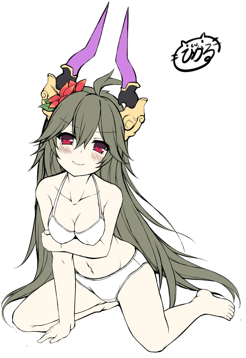 &gt;:) ahoge arm_support arm_under_breasts bare_arms bare_legs bare_shoulders barefoot blush bra breast_hold breasts brown_hair cleavage closed_mouth collarbone commentary_request flower granblue_fantasy hair_flower hair_ornament head_tilt highres horns long_hair looking_at_viewer medium_breasts navel panties red_eyes red_flower sakuraba_hikaru_(loveindog) signature simple_background smile solo thalatha_(granblue_fantasy) underwear underwear_only v-shaped_eyebrows very_long_hair white_background white_bra white_panties