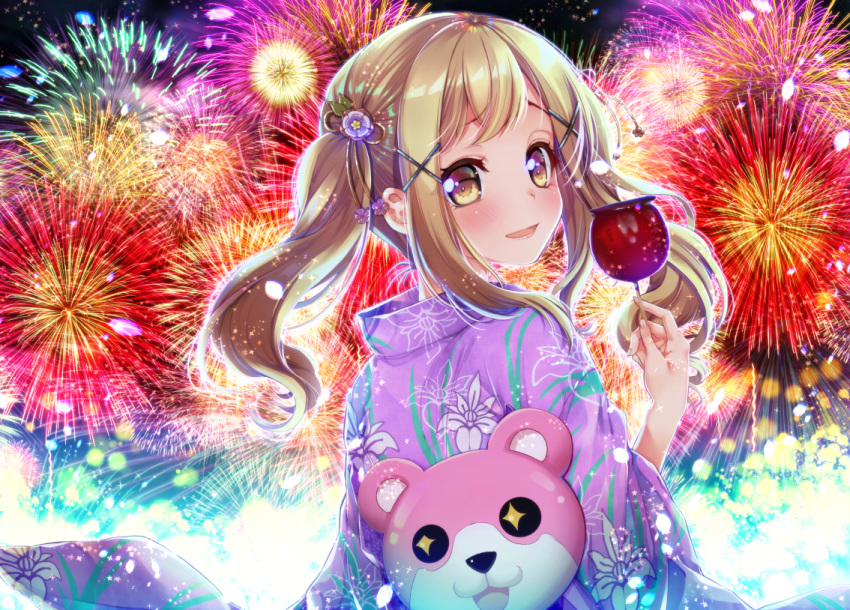 1girl :3 :d bang_dream! bangs blonde_hair blush candy_apple commentary_request festival fireworks floral_print flower food hair_flower hair_ornament holding holding_food ichigaya_arisa japanese_clothes kimono looking_at_viewer looking_back michelle_(bang_dream!) open_mouth purple_kimono sidelocks smile solo tsurugi_hikaru twintails x_hair_ornament yellow_eyes