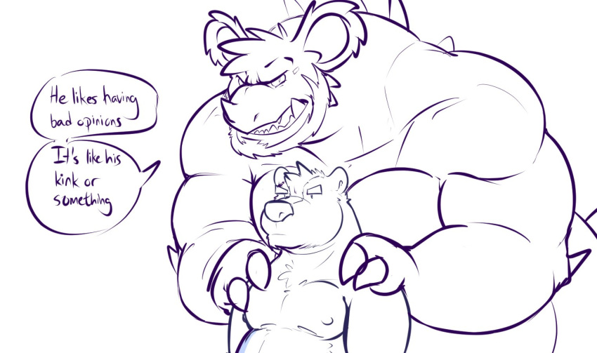 anthro bear beard chisuun clothed clothing dialogue duo english_text facial_hair larger_male looking_at_viewer male mammal monochrome muscular muscular_male nidochi nipples size_difference smaller_male talking_to_viewer text topless