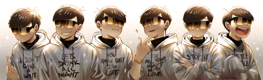 :&lt; :3 :d ahoge alternate_costume bangs black_hair bracelet brothers closed_mouth clothes_writing commentary crossed_arms drawstring earrings english frown gradient gradient_background grin head_tilt hood hood_down hoodie jewelry lineup male_focus matching_outfit matsuno_choromatsu matsuno_ichimatsu matsuno_juushimatsu matsuno_karamatsu matsuno_osomatsu matsuno_todomatsu meoon messy_hair middle_finger multiple_boys open_mouth osomatsu-kun osomatsu-san profanity sextuplets siblings sleeves_past_wrists smile sparkle stud_earrings sunglasses swept_bangs turtleneck twitter_username upper_body white_hoodie