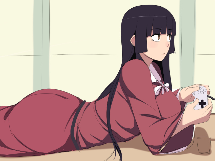 ass bangs black_hair breasts brown_eyes commentary controller cup daa_(blame2212) dress expressionless eyebrows_visible_through_hair glass highres hime_cut houraisan_kaguya large_breasts long_hair lying on_stomach playing_games ribbon sliding_doors tatami touhou
