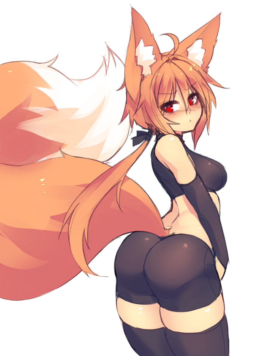 ahoge animal_ear_fluff animal_ears ass bare_shoulders bike_shorts black_gloves black_legwear black_ribbon blush breasts closed_mouth commentary elbow_gloves eyebrows_visible_through_hair eyes_visible_through_hair fluffy fox_ears fox_tail gloves hair_between_eyes hair_ribbon highres large_tail looking_at_viewer low_ponytail medium_breasts midriff orange_hair original pout red_eyes ribbon short_hair_with_long_locks simple_background sketch solo sub-res suzu_(sub-res) tail thighhighs v-shaped_eyebrows white_background
