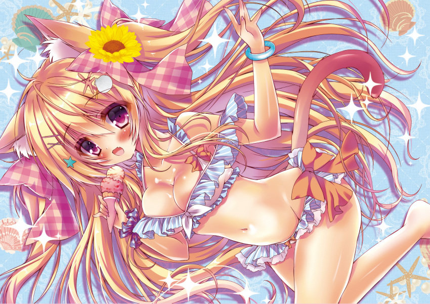 absurdres animal_ear_fluff animal_ears arms_up bare_legs bare_shoulders bikini bikini_day blonde_hair blue_bikini blush bow bow_bikini bracelet breasts cat_ears cat_girl cat_tail cleavage commentary_request fang flower food frilled_bikini frilled_straps frills front-tie_bikini front-tie_top hair_between_eyes hair_bow hair_flower hair_ornament hair_ribbon hairclip highres holding holding_food honoka_chiffon ice_cream ice_cream_cone jewelry long_hair looking_at_viewer medium_breasts navel off_shoulder open_mouth orange_bow original pinky_out purple_eyes red_bow ribbon seashell_hair_ornament sidelocks smile solo sparkle star star_hair_ornament sunflower_hair_ornament swimsuit tail two_side_up very_long_hair wavy_hair