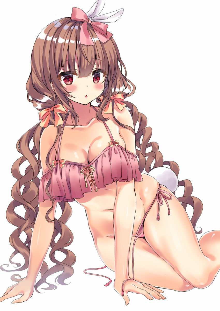 animal_ears arm_support bangs bikini blush bow breasts bunny_ears bunny_tail chestnut_mouth cleavage collarbone commentary_request cross-laced_clothes curly_hair eyebrows_visible_through_hair fake_animal_ears frilled_bikini frills front-tie_bikini front-tie_top highres honoka_chiffon light_brown_hair long_hair looking_at_viewer medium_breasts moka_(honoka_chiffon) navel original pink_bikini pink_bow red_eyes ribbon ringlets side-tie_bikini sidelocks simple_background solo swimsuit tail untied_bikini_bottom very_long_hair white_background yellow_ribbon