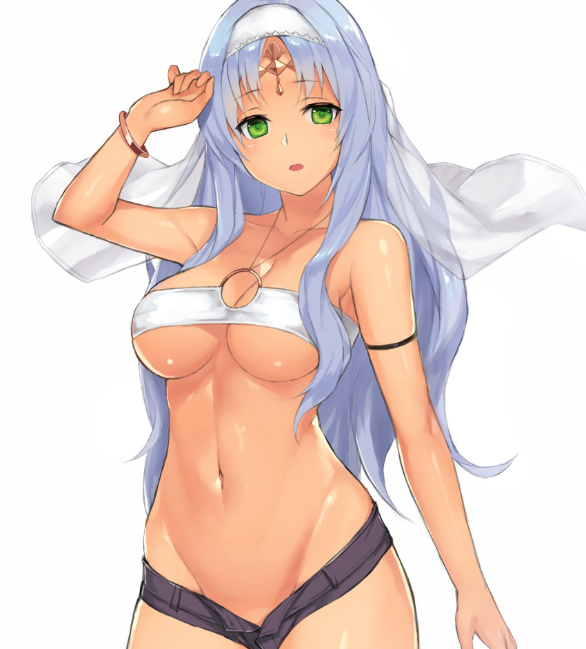 arm_at_side arm_up armlet bracelet breasts circle cleavage commentary_request eyebrows_visible_through_hair green_eyes groin halterneck highres jewelry large_breasts light_blue_hair long_hair looking_at_viewer micro_shorts midriff nakamura_nagare navel o-ring o-ring_top open_pants phantasy_star phantasy_star_online_2 shiny shiny_skin shorts sidelocks simple_background solo strapless tubetop underboob veil white_background