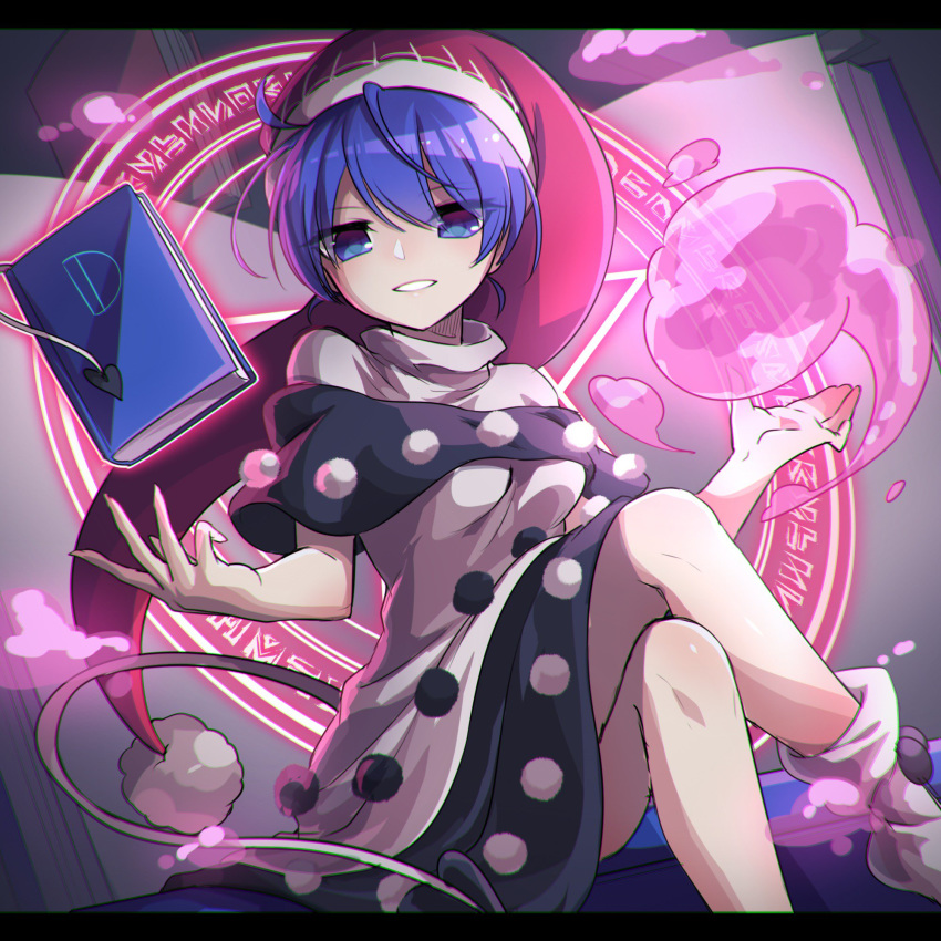 blue_eyes blue_hair book breasts commentary_request crossed_legs doremy_sweet dream_soul dress hat highres knees kozakura_(dictionary) looking_at_viewer magic_circle medium_breasts multicolored multicolored_clothes multicolored_dress nightcap pom_pom_(clothes) sitting smile socks tail tapir_tail teeth touhou