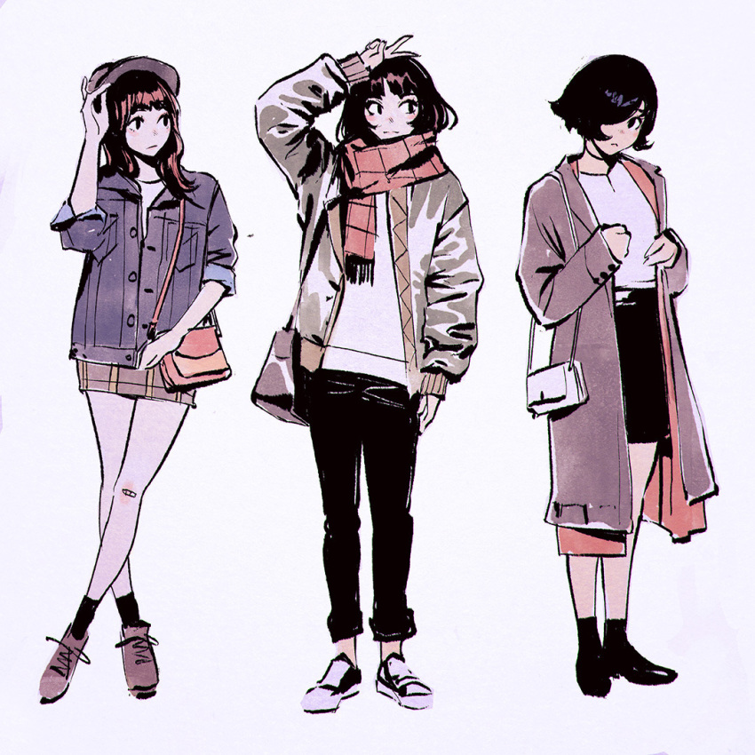 arm_up bag bandaid bandaid_on_knee bangs black_eyes black_hair blunt_bangs blush closed_mouth crossed_legs hair_over_one_eye hand_on_headwear handbag hat ilya_kuvshinov jacket long_hair looking_at_another looking_at_viewer multiple_girls open_clothes open_jacket original scarf short_hair simple_background skirt sleeves_rolled_up standing v white_background