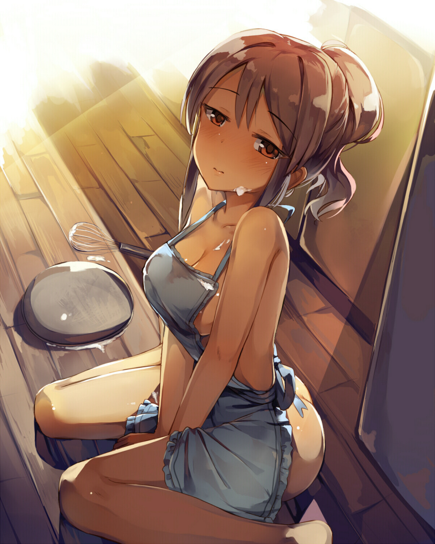 apron ass barefoot blush bowl breasts brown_eyes brown_hair cleavage collarbone commentary_request cream cream_on_face day eyebrows_visible_through_hair food food_on_face hair_between_eyes highres idolmaster idolmaster_cinderella_girls indoors large_breasts long_hair looking_at_viewer mifune_miyu mixing_bowl naked_apron ponytail seneto sideboob sitting solo v_arms wariza whisk wooden_floor